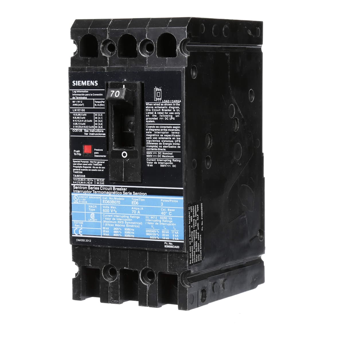 SIEMENS HI ED63B070 Interruptor Termomagnético 70A 600V 3 Polos, Negro, Nuevo, Código de Parte ED63B070