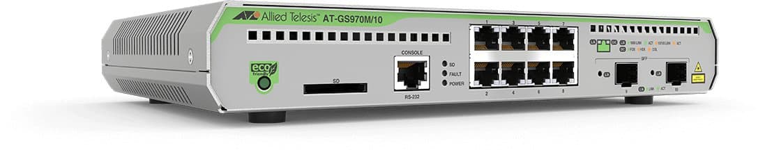 Allied Telesis GS970M AT-GS970M/10-10 Switch L2+ Gestionado, 8 Puertos 10/100/1000 Mbps, 2 Uplink SFP, Fuente de Poder AC Fija US
