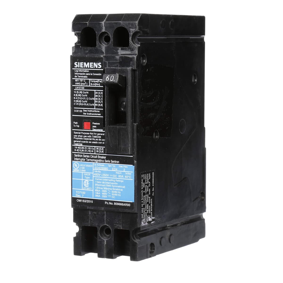 SIEMENS HI ED42B060 Interruptor Termomagnético Tipo ED4, 60A, 2 Polos, Breaker, Disyuntor, 240V, Industrial, Montaje en riel/plug-in