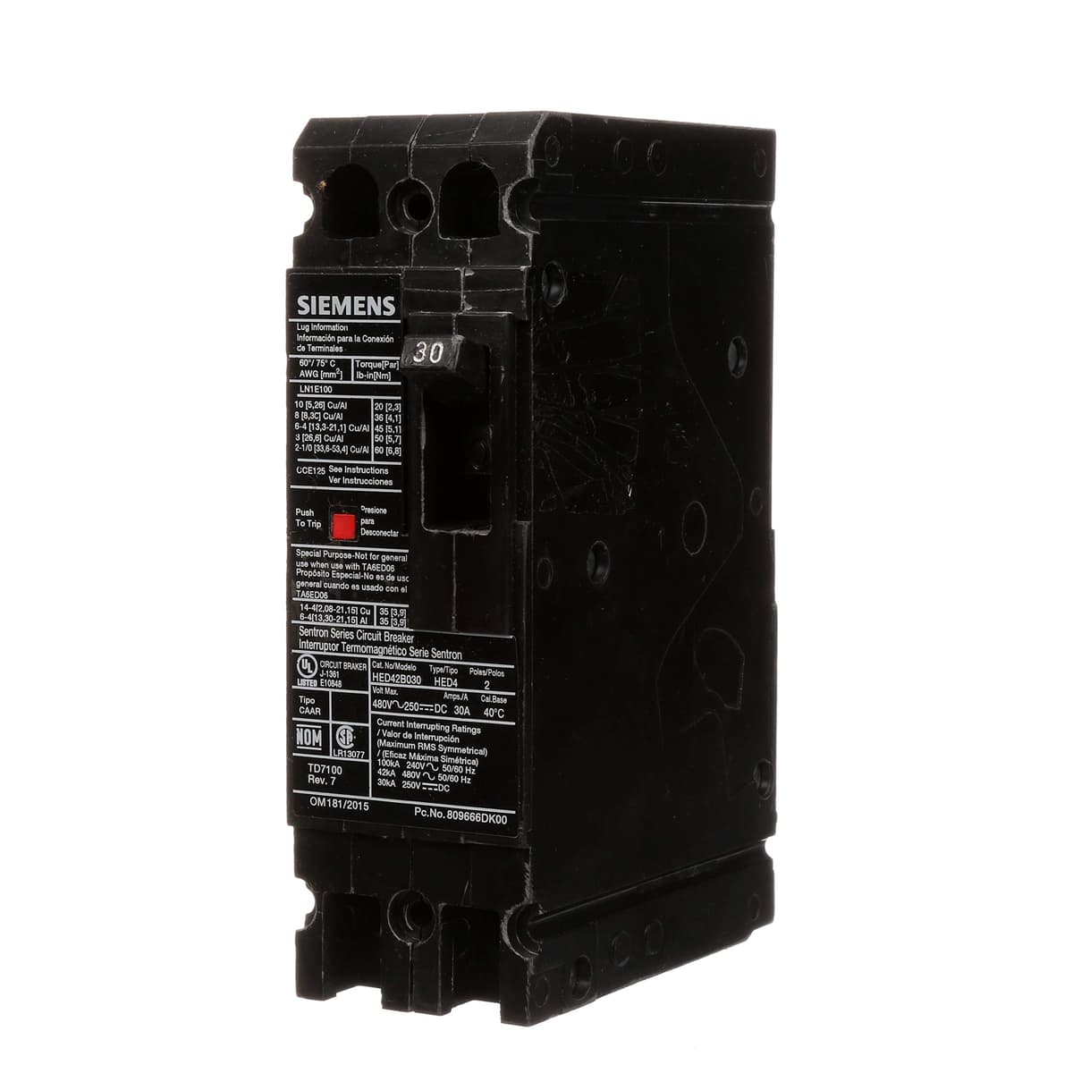 Siemens HI HED42B030 Interruptor Automático, Tipo HED4, 30A, 2 Polos, Disyuntor, Breaker, Protección Eléctrica, Industrial
