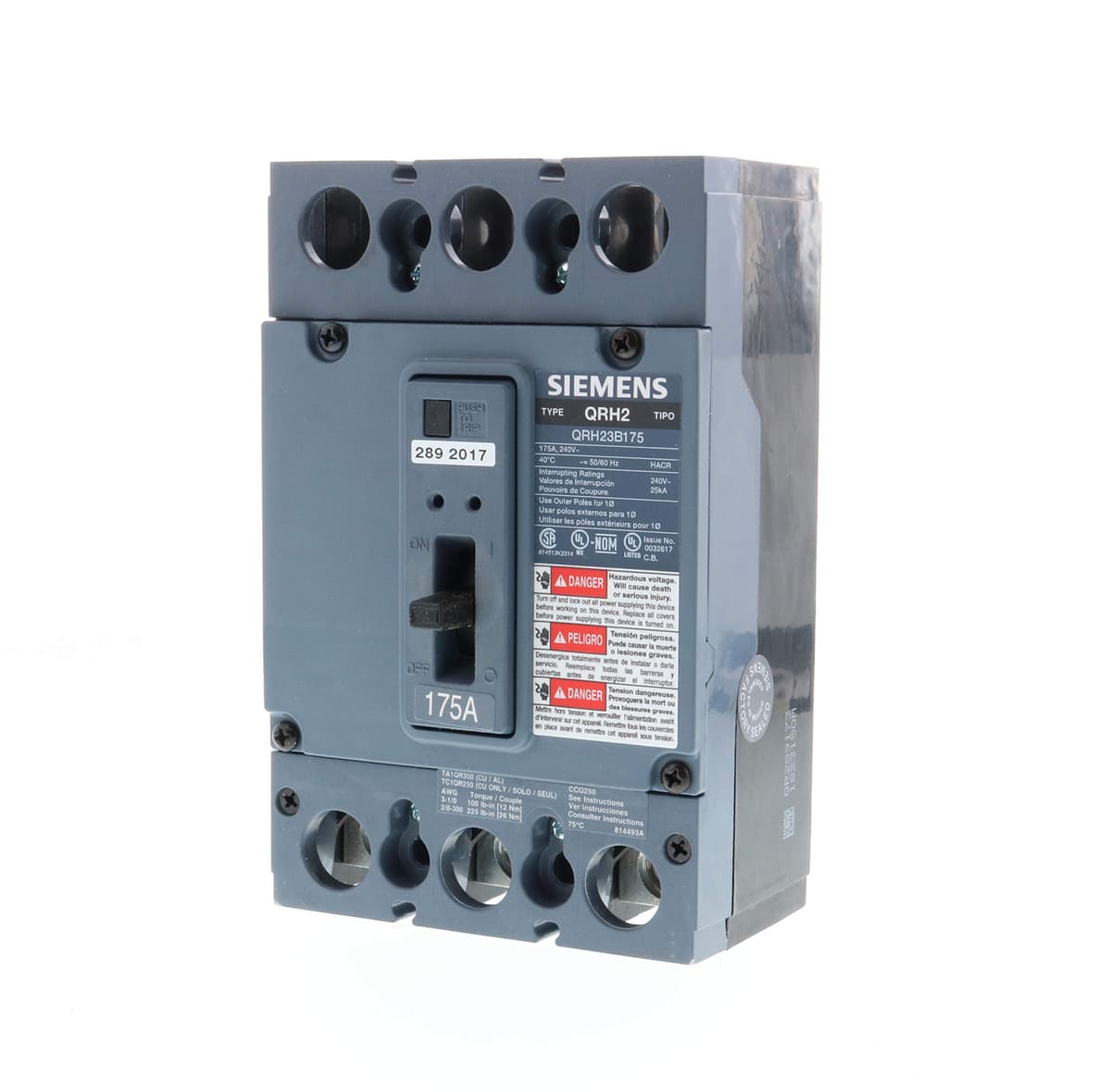 SIEMENS QR US2:QRH23B175 Interruptor Termomagnético 3 Polos 175A 25kA Tipo QR, Breaker Industrial, Disyuntor Trifásico