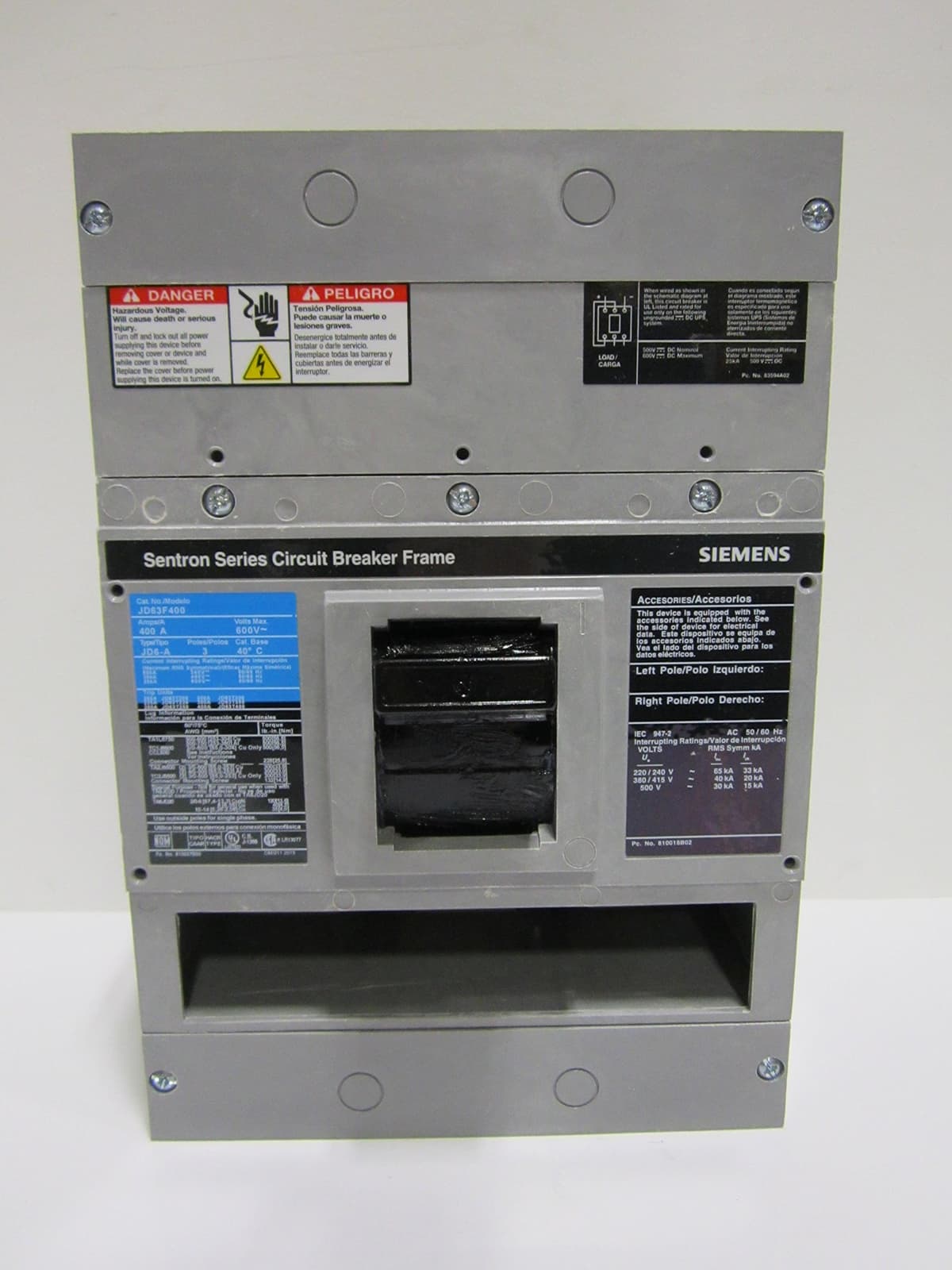 SIEMENS JD JD63F400 Marco Interruptor Automático 3 Polos 400A 600V 25kA Color Negro