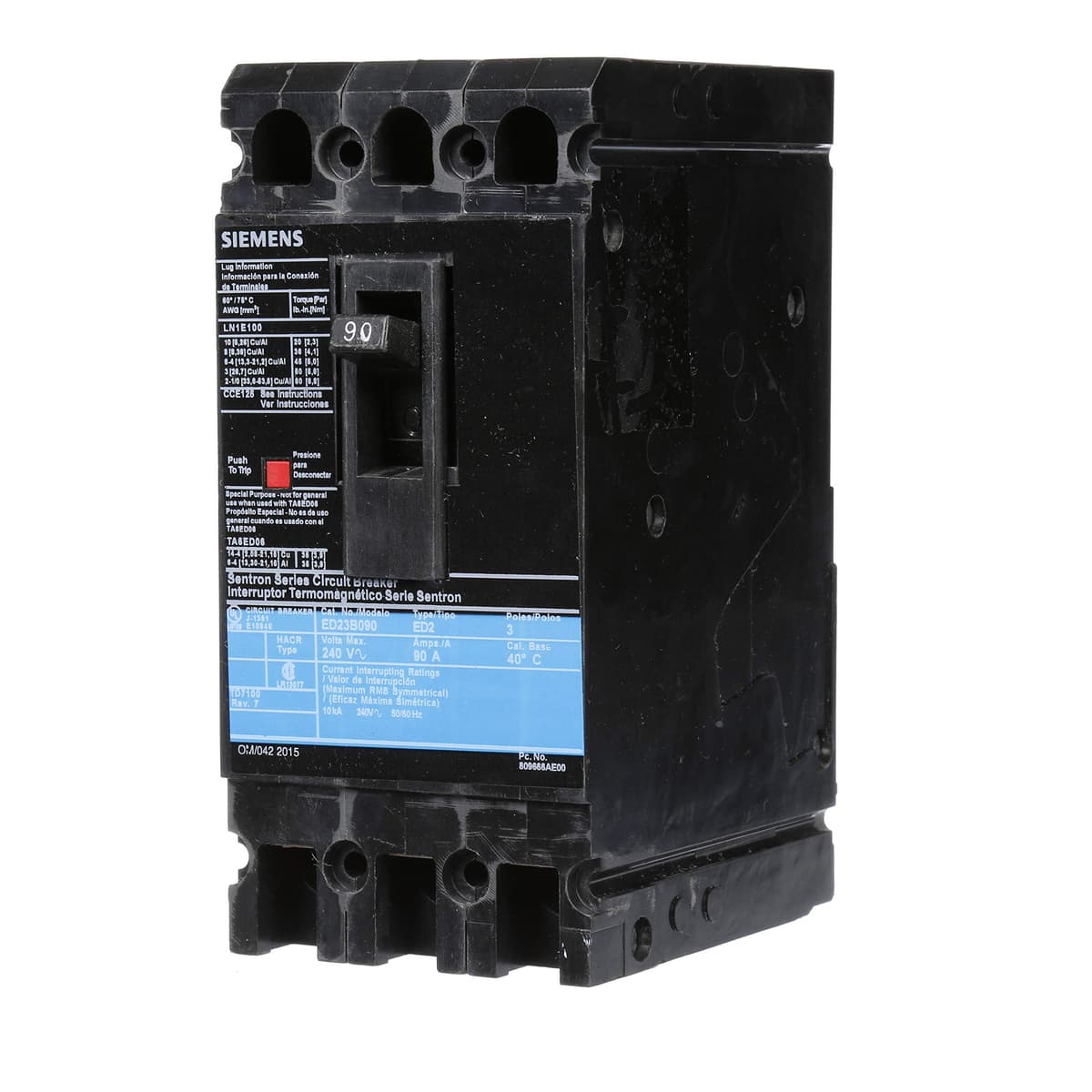 Siemens HI ED23B090 Interruptor Automático, Tipo ED2, 90A, 3 Polos, Termomagnético, Protector de Circuito, Industrial