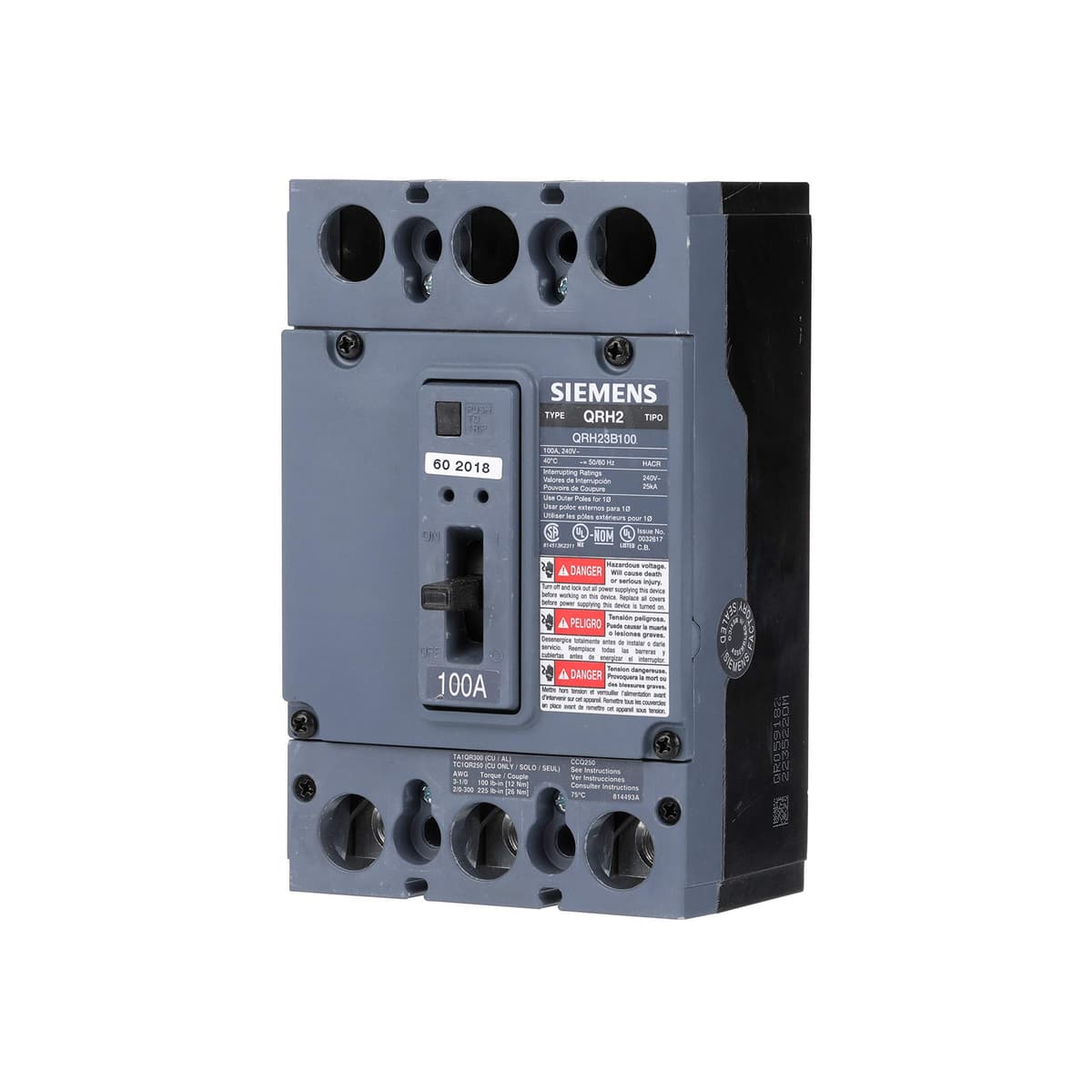 Siemens QR US2:QRH23B100 Interruptor Termomagnético 3 Polos 100A 25kA Tipo QR, Breaker Trifásico, Disyuntor Industrial