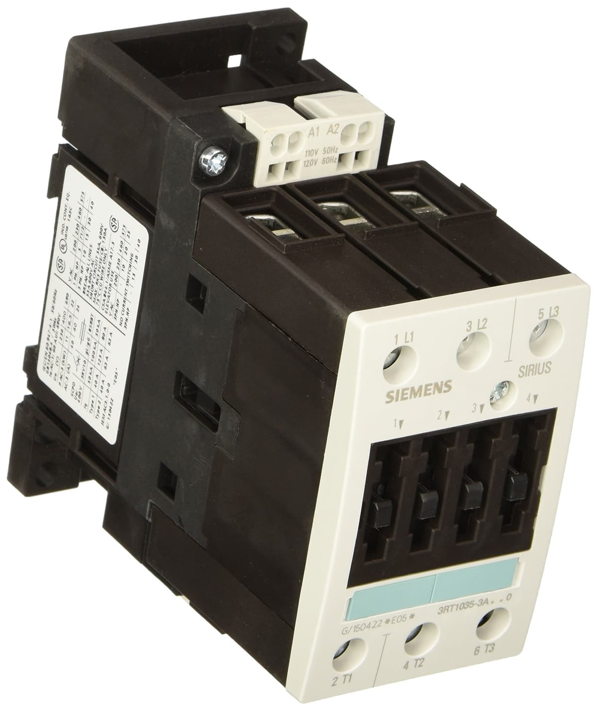 Siemens 3RT10 35-3AK60 Contactor de Motor, 3 Polos, Terminales con Resorte, Tamaño de Marco S2, Bobina AC 120V 60Hz / 110V 50Hz