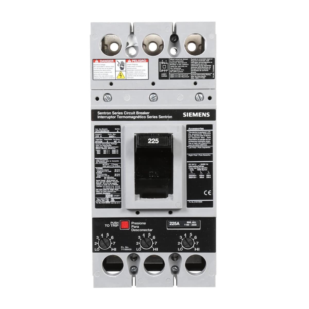 SIEMENS Type HFXD HFXD63B225 - Interruptor Automático (Breaker) 225A 600V, 3 Polos, ITE/Gould, Código de parte HFXD63B225, Línea HFXD, fabricante Siemens