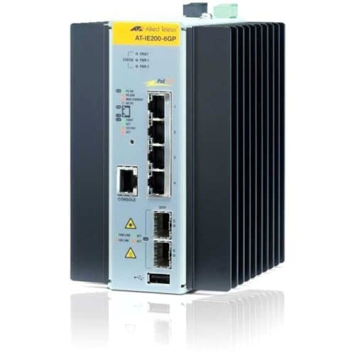 Allied Telesis AT-IE200-6GP switch industrial 6 puertos PoE+ Gigabit gestionado Ethernet DIN rail robusto para redes industriales