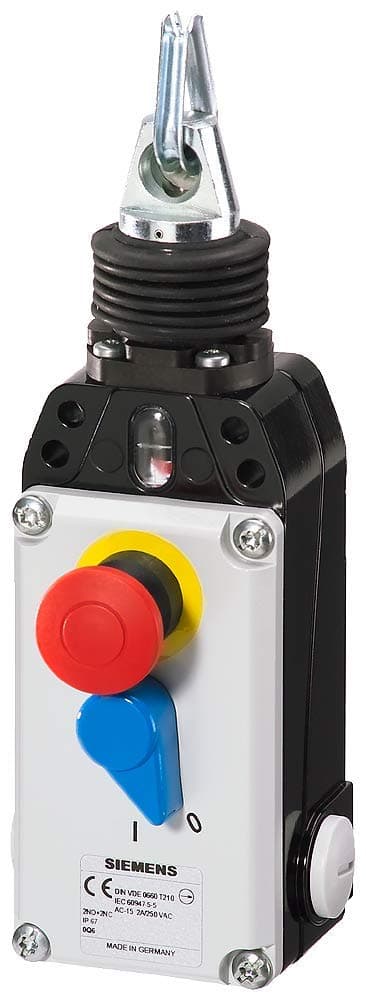 SIEMENS 3SE7 141-1EG10 Interruptor accionado por cable, carcasa metálica, entrada M20, tapa plástica moldeada, paro de emergencia, liberación con enclavamiento, para cables <75 m, 1 NO + 3 NC