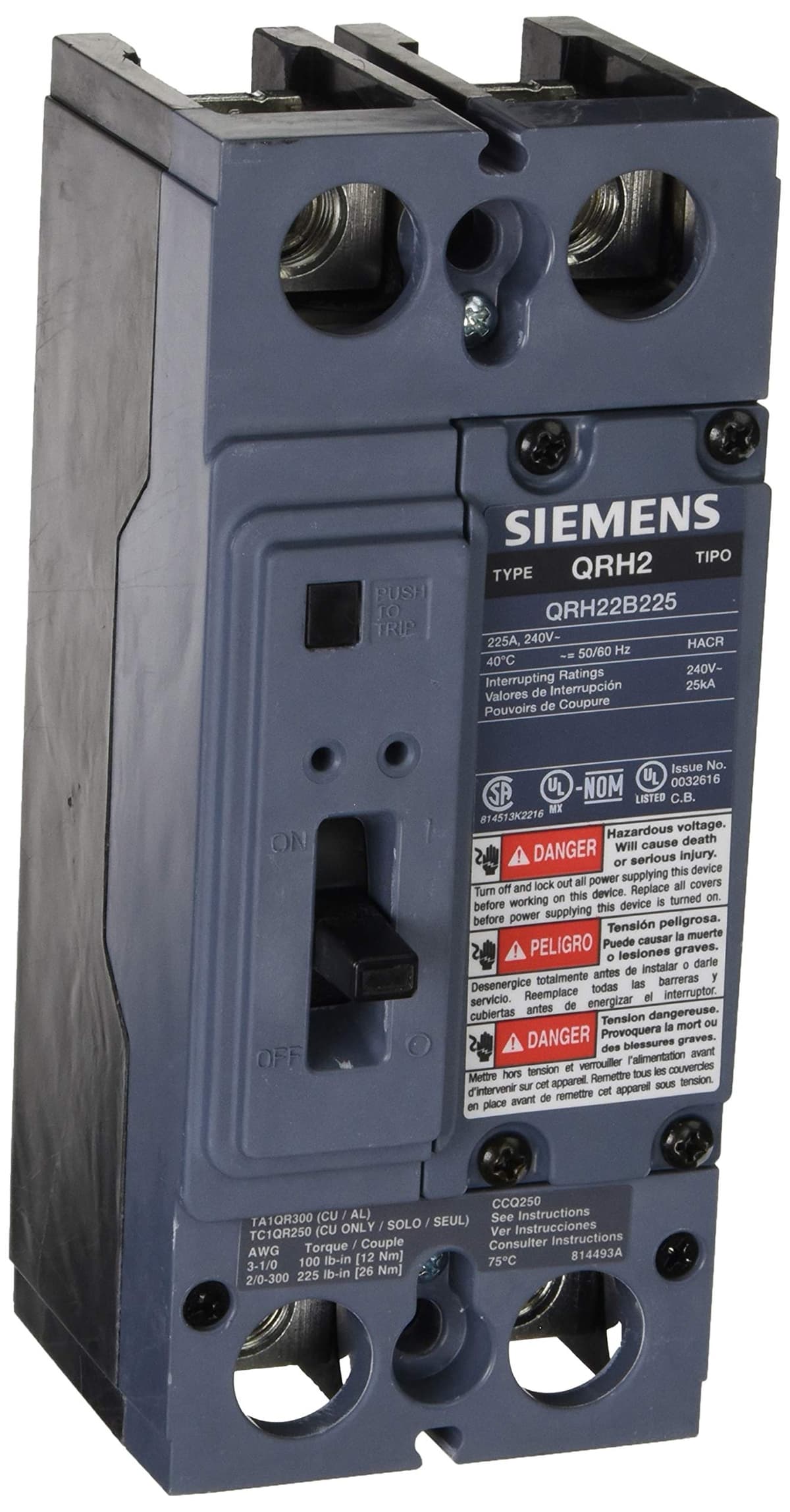 SIEMENS QR US2:QRH22B225L - Interruptor automático 2 polos 225 A, 25 kA, tipo QR, con zapatas (lugs)