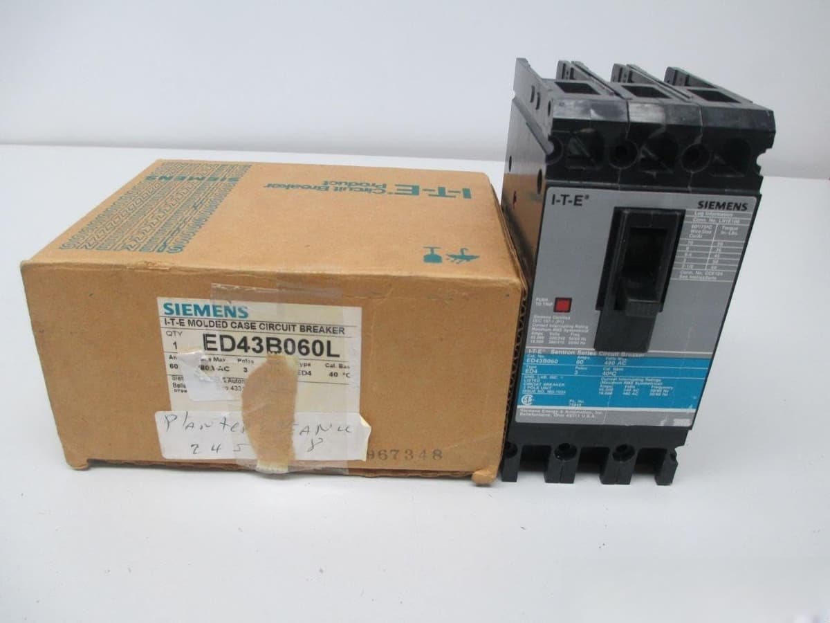 SIEMENS SENTRON ED43B060 - Interruptor Termomagnético 3 Polos 60A 480VAC, Cortacircuitos, Breaker Industrial, Código D258491, I-T-E, Nuevo D258491-ED43B060