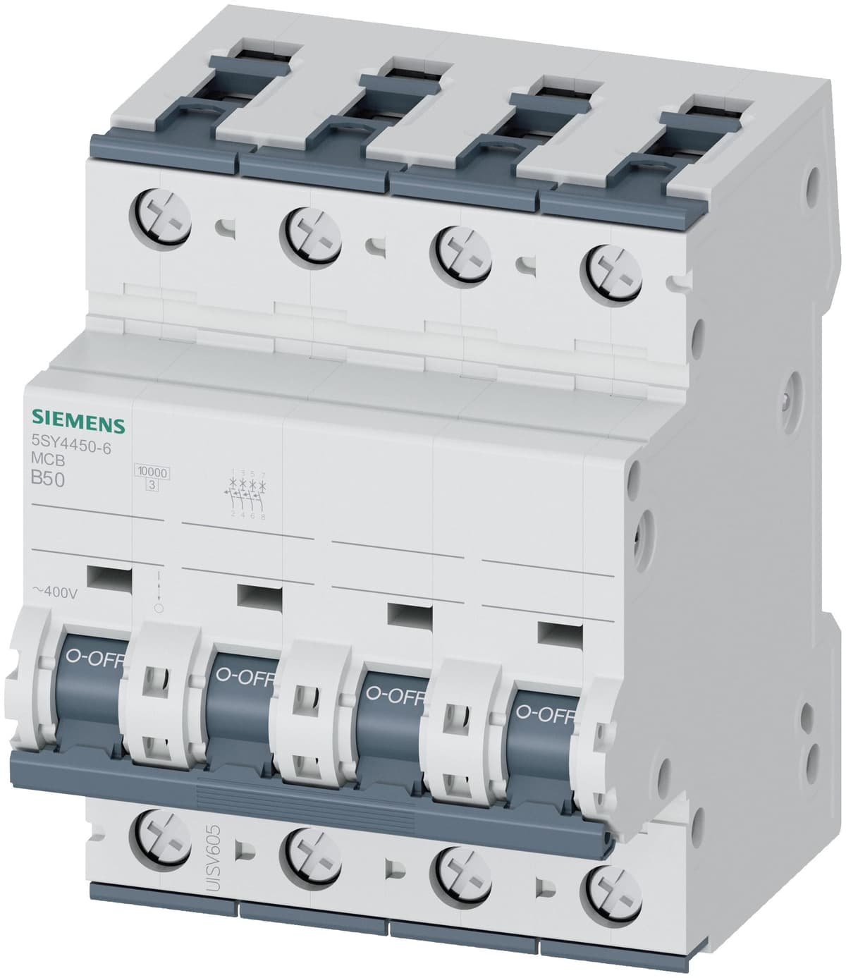 Siemens 5SY44506 Protector Suplementario UL 1077, Interruptor Automático 4 Polos, 50A Máx, Curva B, Montaje en Riel DIN