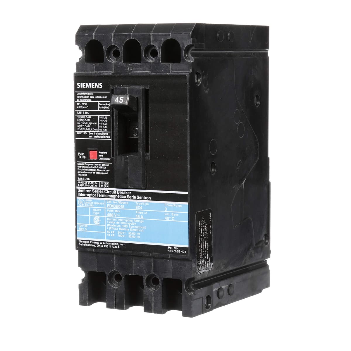Siemens ED4 ED43B045 Interruptor Automático, 45A, 3 Polos, Breaker Termomagnético, Tipo ED4, Protección de Circuito, Industrial