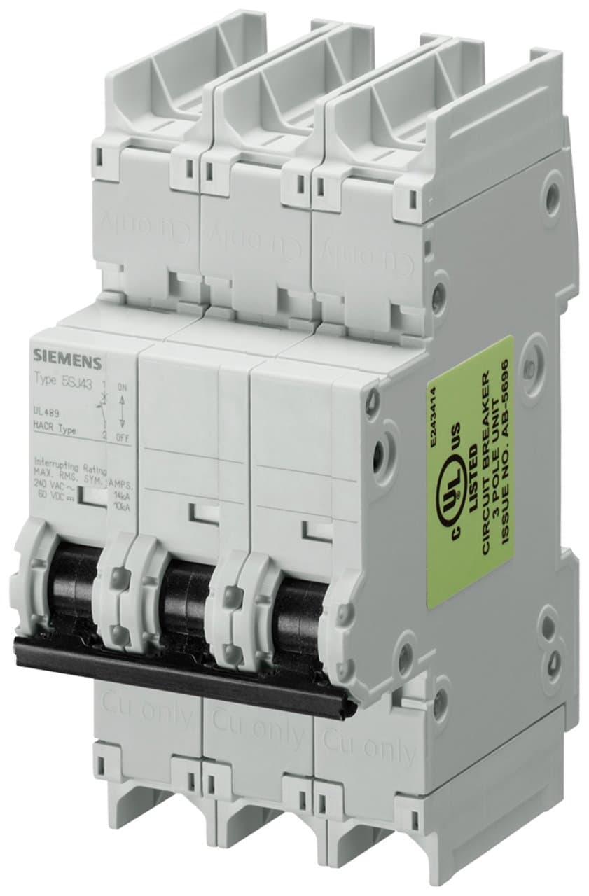 Siemens 5SJ43508HG41 - Interruptor Automático Miniatura UL 489, 3 Polos, 50 A, Curva D, Montaje en Riel DIN, Tipo NSJ, 240 VAC, 125 VDC