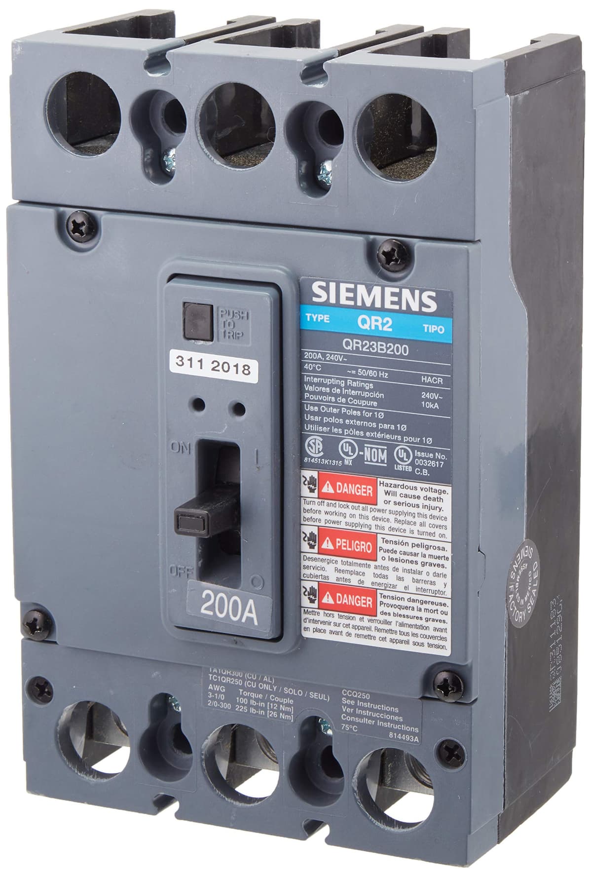 SIEMENS QR US2:QR23B200W Interruptor Automático 200A 3 Polos Tipo QR Pack a Granel, Disyuntor Termomagnético, Breaker Industrial