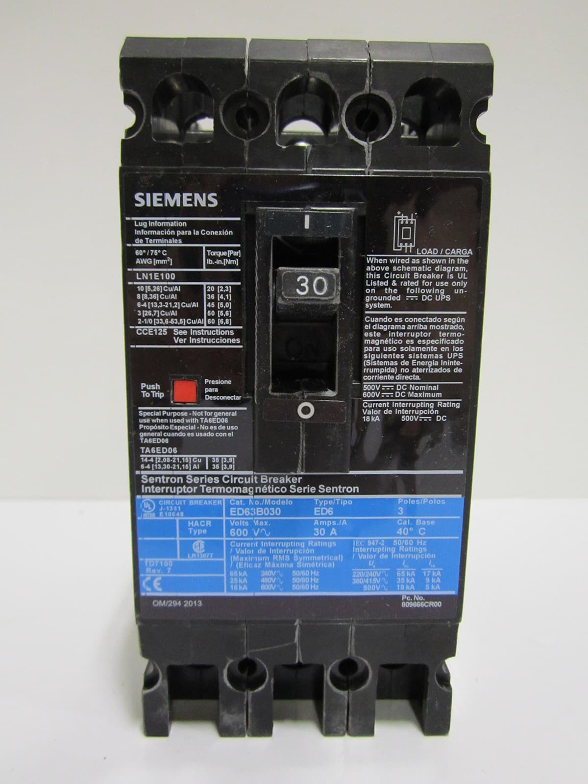 SIEMENS ED6 ED63B020L Interruptor Termomagnético 3 Polos 20A 600V, Conexión Lug, Color Negro