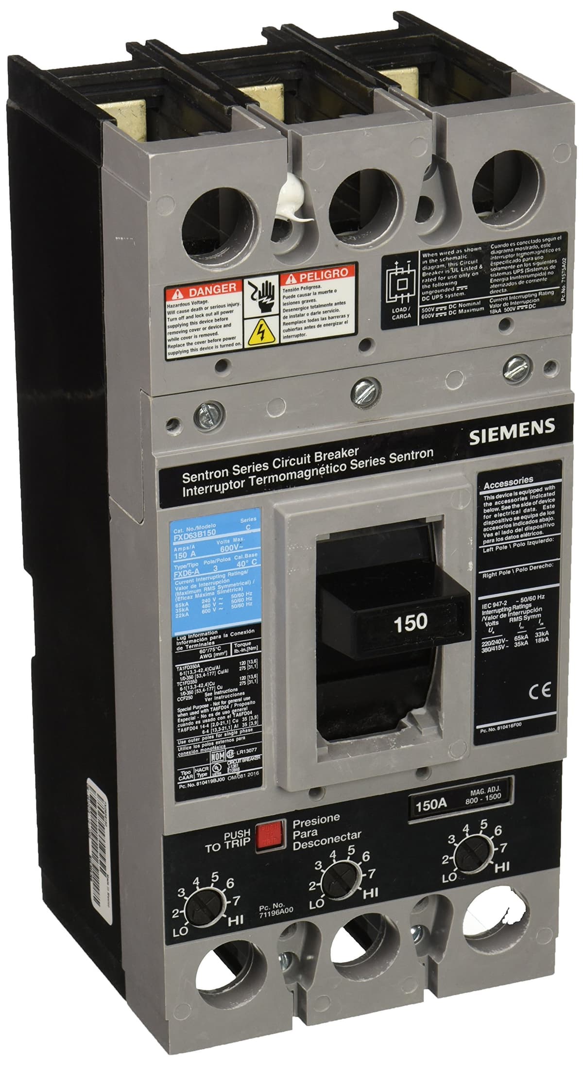 Siemens FXD63B150 Interruptor Automático Tipo FXD6-A 150 Amperios 3 Polos Molded Case Breaker Circuit Breaker