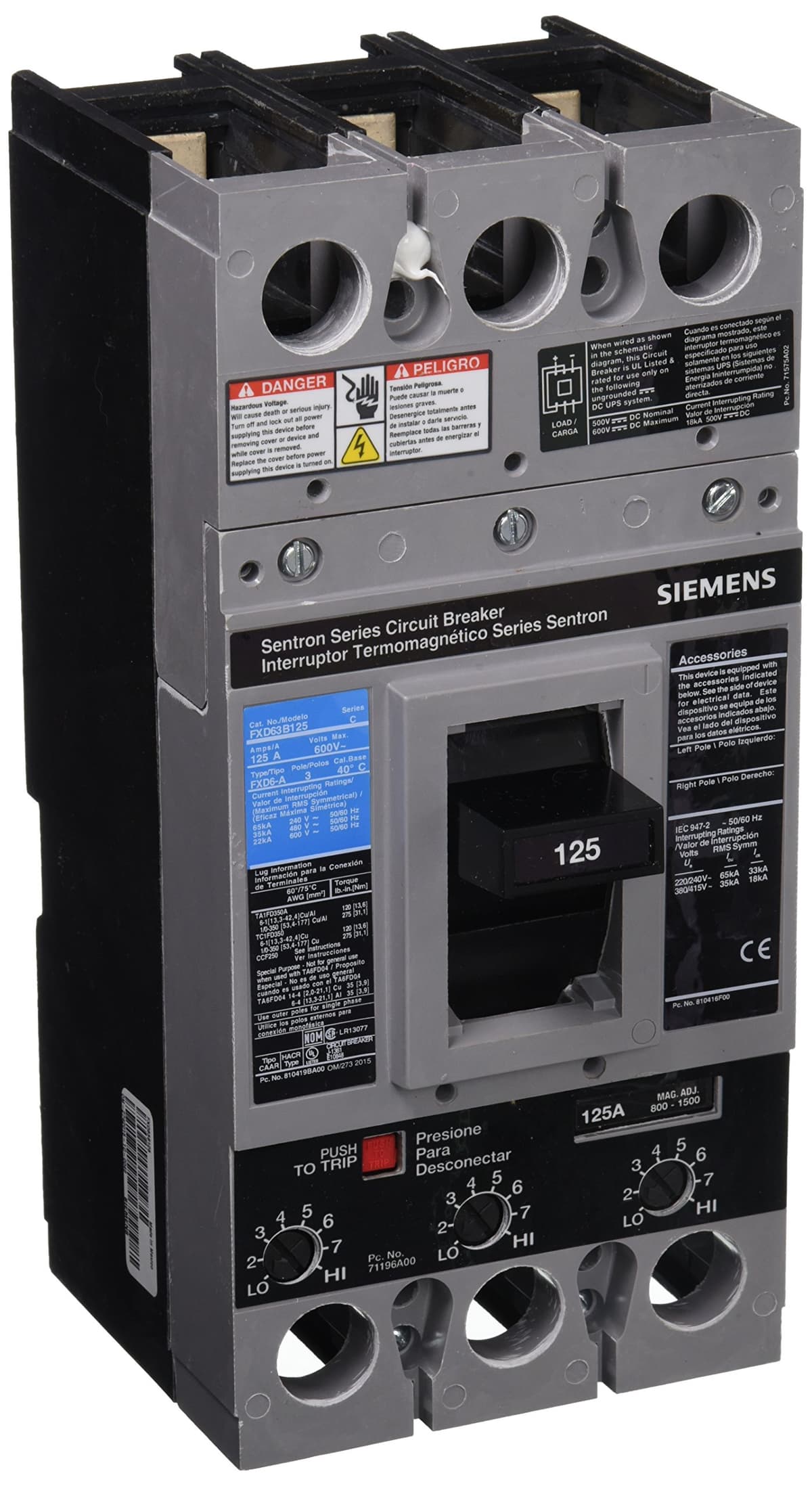 Siemens FXD6 FXD63B125 Interruptor Termomagnético 125A Tipo FXD6-A 3 Polos 600V Industrial SHUNT TRIP