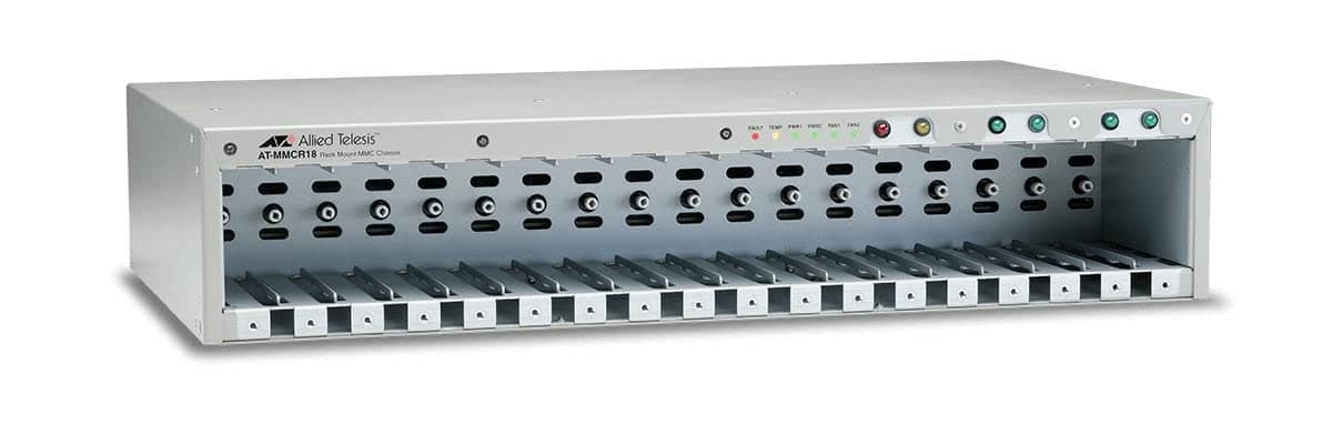 Allied Telesis AT-MMCR18-60 chasis rack para convertidores MMC200 y MMC2000, 18 ranuras, fuente 60W, montaje en bastidor