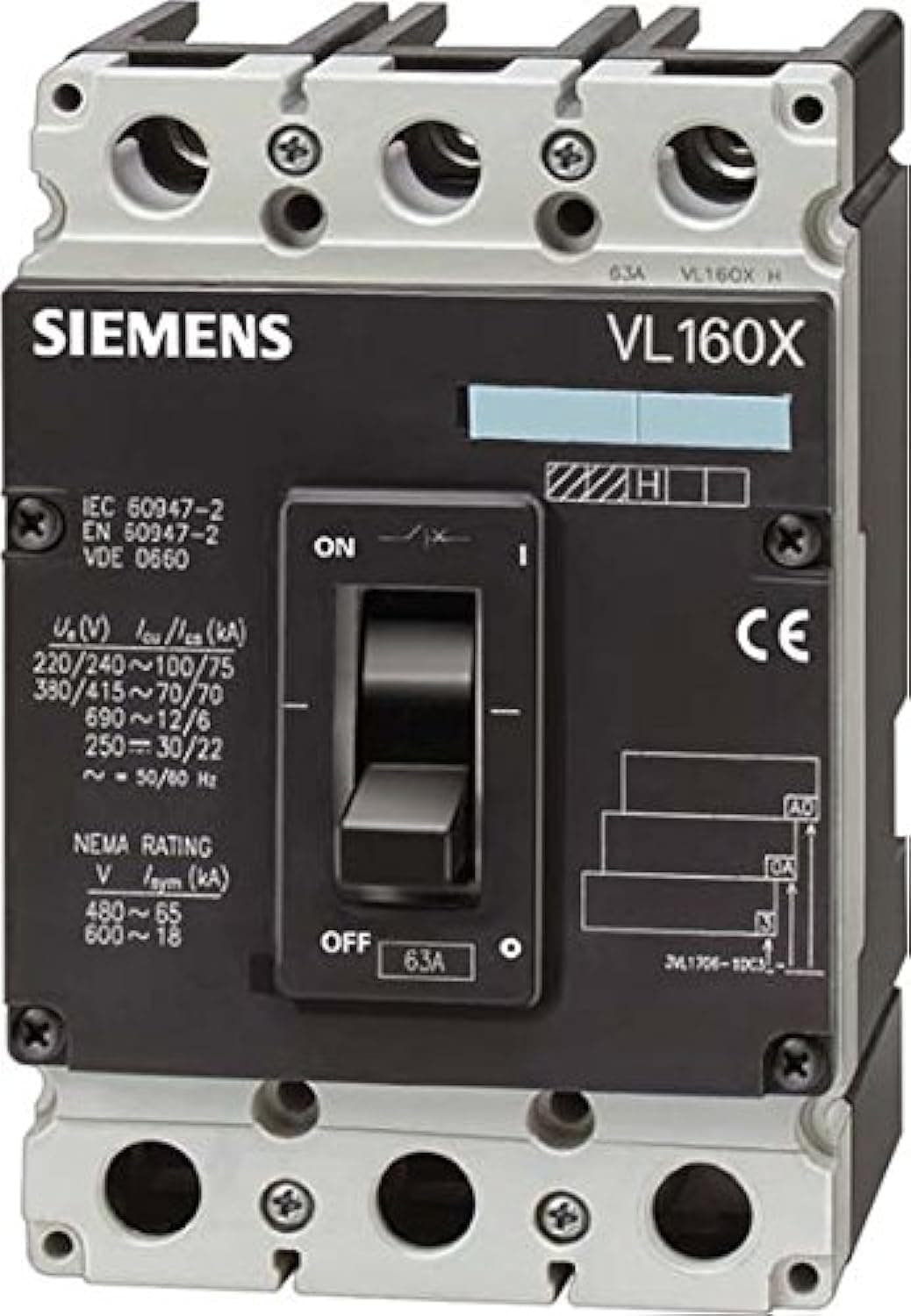 SIEMENS 3VL1708-1DA36-0AA0 Interruptor Automático 3 Polos 415 V AC, Protección de Línea, Unidad de Disparo Electrónica TM, Protección contra Cortocircuito, Bornes a Tornillo, sin Disparo Auxiliar, sin Interruptor Auxiliar/Alarma