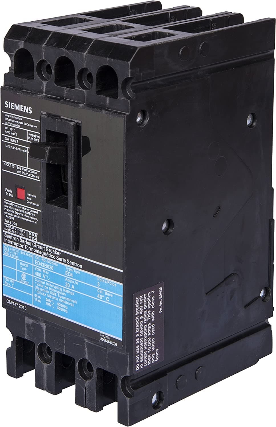 SIEMENS ED43B125 | Interruptor automático caja moldeada 3 polos 125A 480V AC | B285641 | Nuevo B285641-ED43B125