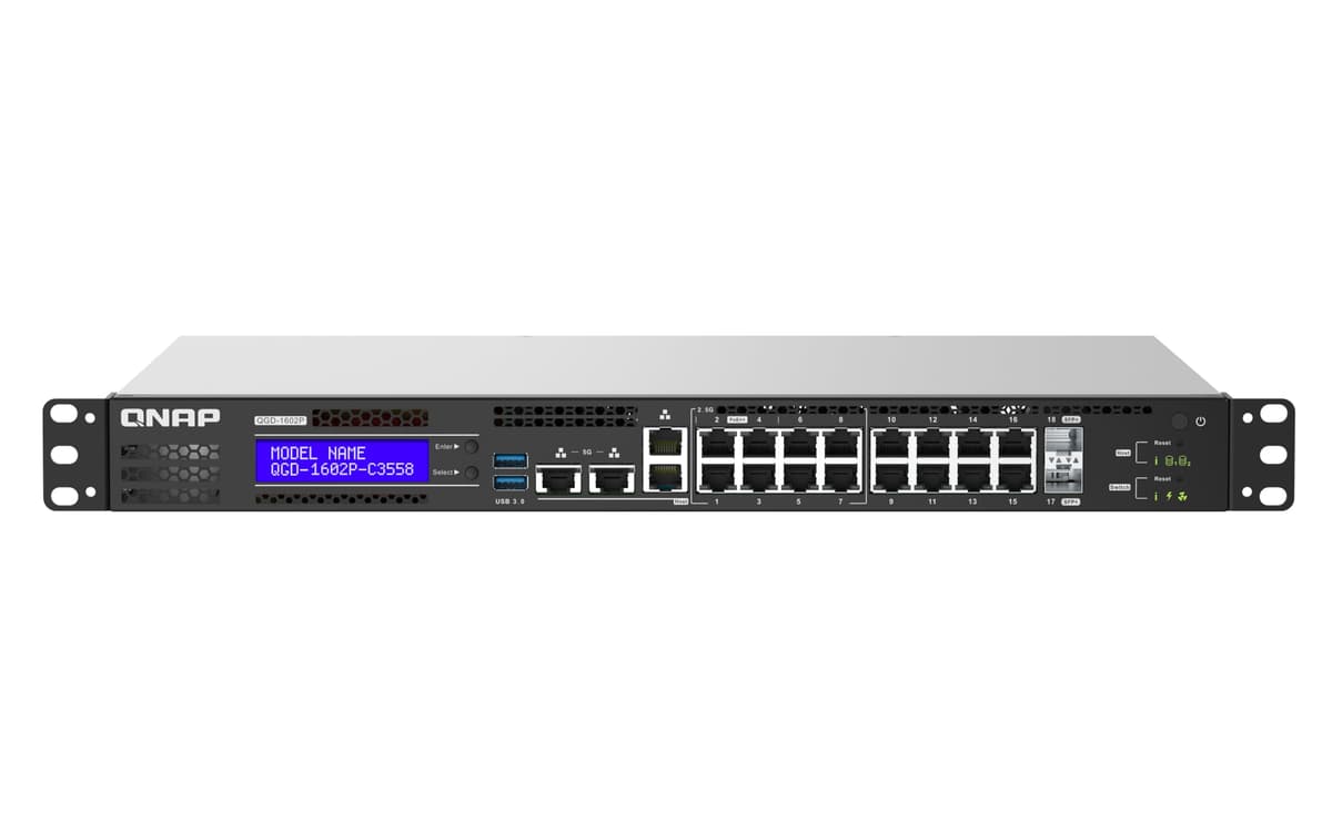 QNAP QGD-1602 Smart Edge Switch QTS, soporta máquinas virtuales (VM), aplicaciones versátiles para redes, sin discos (Diskless) modelo C3558-8G-US