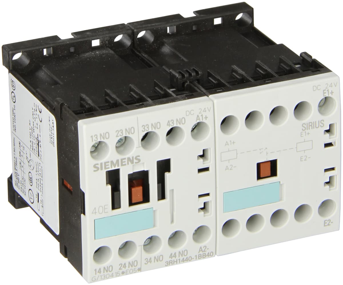 SIEMENS 3RH14 40-1BB40 Relé de Control, tamaño S00, riel DIN 35mm, operación DC, conexión por tornillo, número de identificación 40 E, 4 contactos NO +, tensión de control 24VDC
