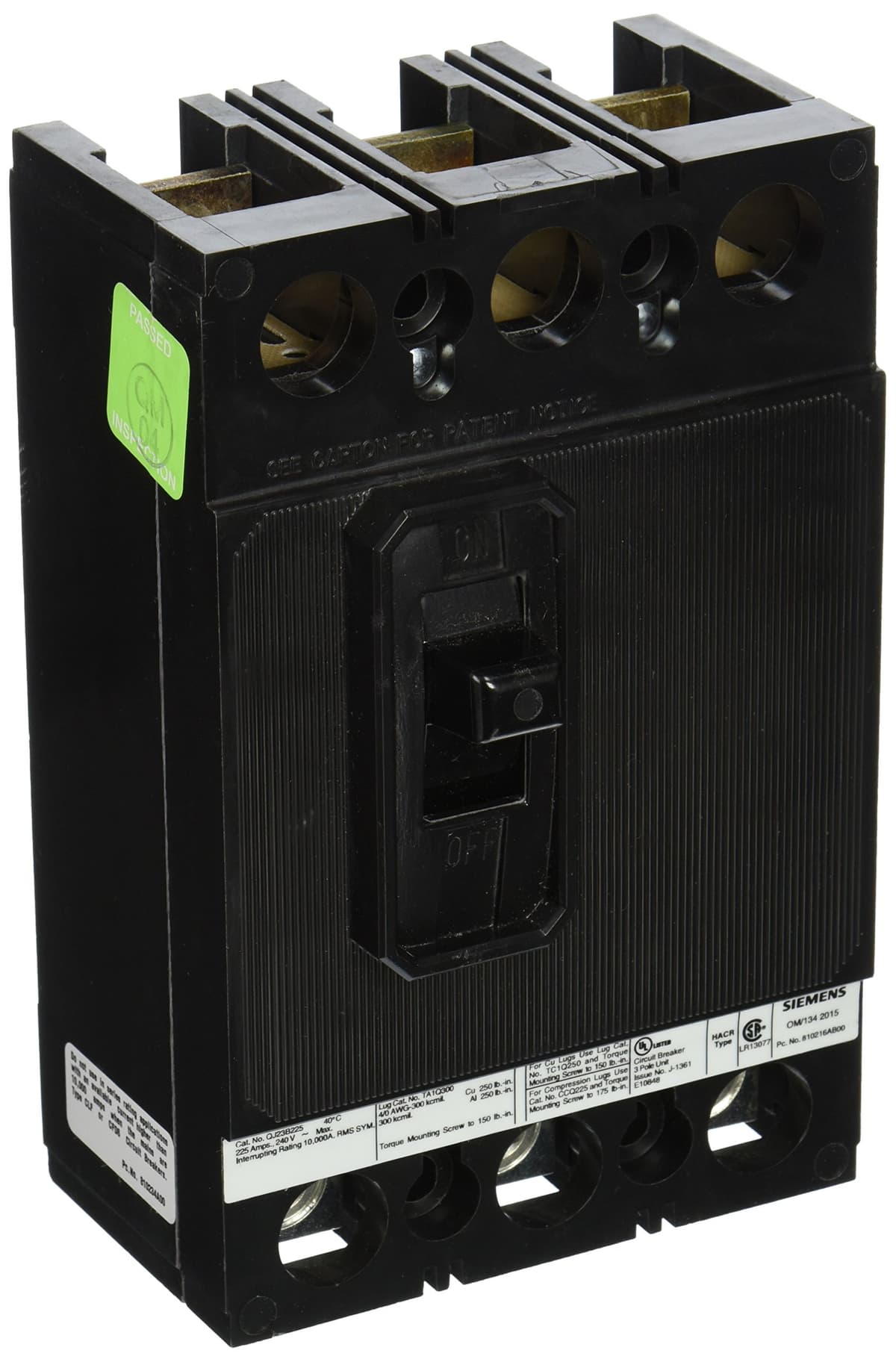 Siemens HI QJ23B225 Interruptor automático 225A 3 polos 240V 10kAIC, disyuntor termomagnético industrial