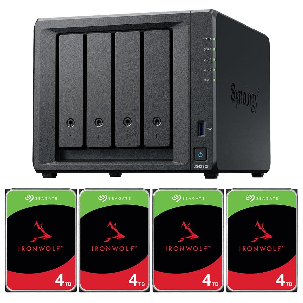Synology DiskStation DS423+ NAS 4 Bahías, Bundle con 4x Seagate IronWolf 4TB SATA III 3.5" 5400 RPM Discos Duros Internos para NAS DS423+ A