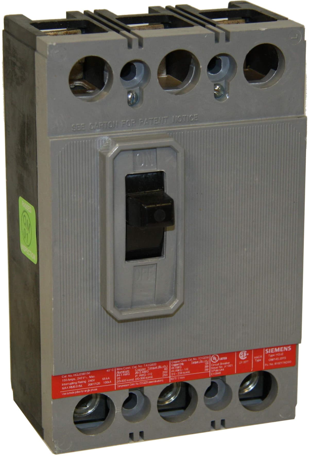 Siemens HQJ23B150 Interruptor Automático 150A 3 Polos 240V Usado U Serie