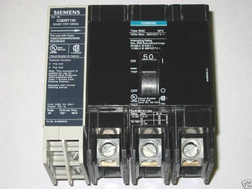 SIEMENS ITE BQD35000S01 - Interruptor Termomagnético 3 Polos 50A, Shunt Trip 65kA, Bobina 120V, BQD350ST, Disyuntor, Breaker Industrial