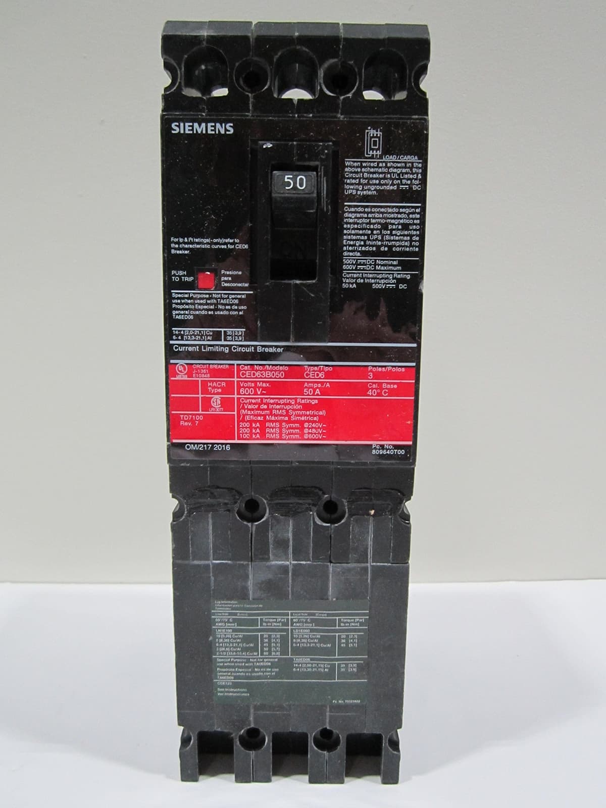 SIEMENS CED6 CED63B050 - Interruptor Termomagnético 3P 600V 50A, Negro, Breaker Trifásico, Industrial, Montaje en Riel/DIN