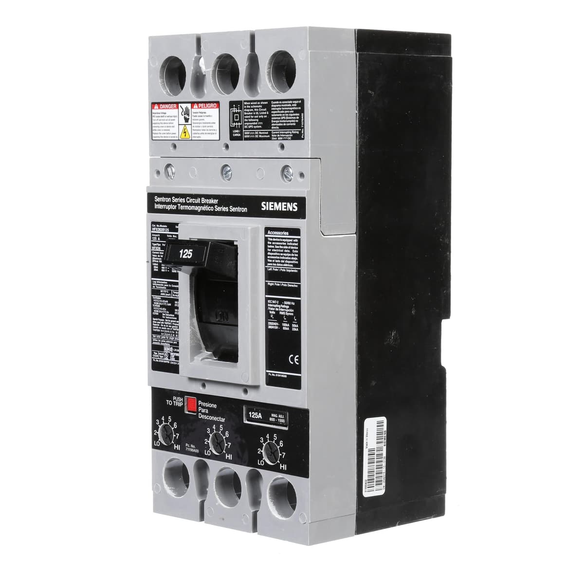 SIEMENS HI HFXD63B125 Interruptor termomagnético 3 polos 125A 600V nuevo industrial caja moldeada breaker N