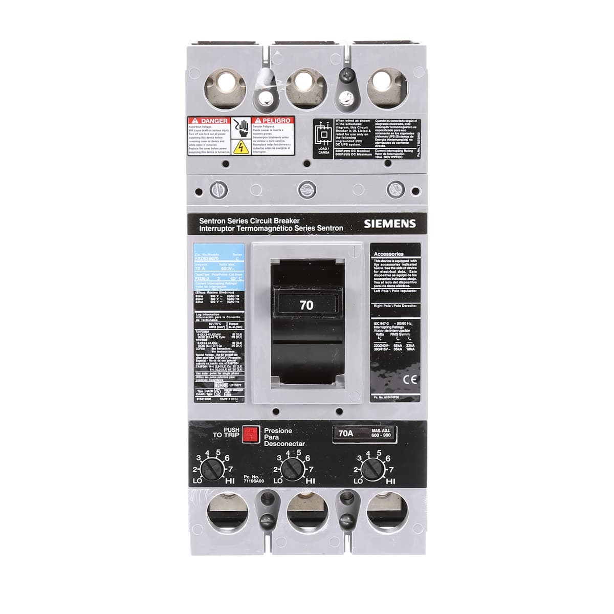 SIEMENS FXD FXD63B070 Interruptor Termomagnético 70A 600V 3 Polos Usado Para Tableros Eléctricos y Distribución Industrial Type FXD