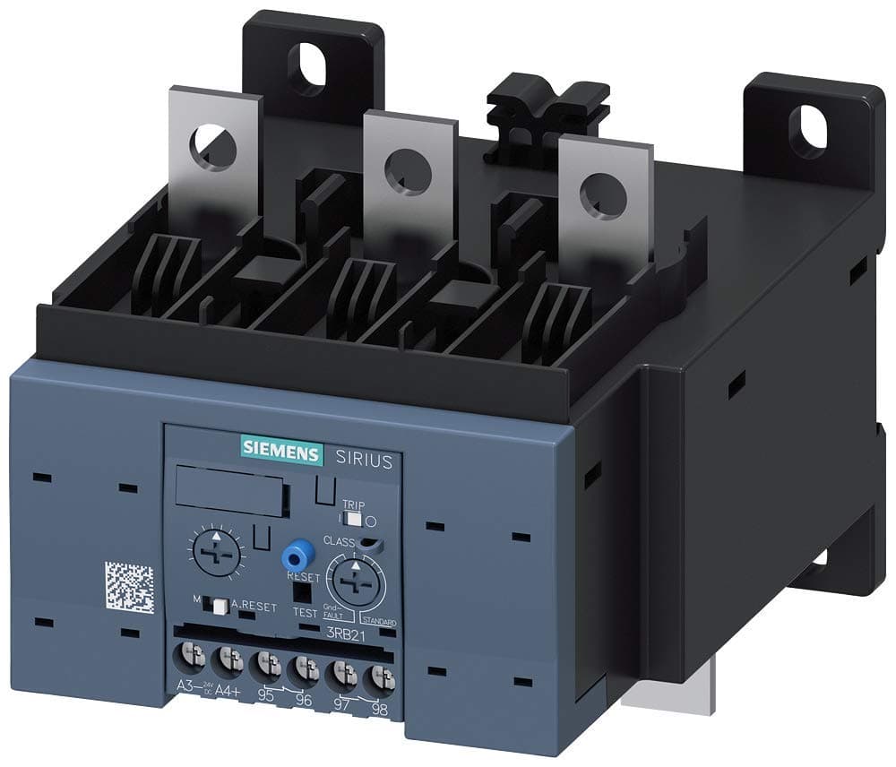 Siemens Sirius 3RB2153-4FC2 Relé de sobrecarga electrónico, rango 50-200 A, tamaño S6, clase ajustable 5/10/20/30, reinicio manual/automático, detección interna de falla a tierra, borne de tornillo