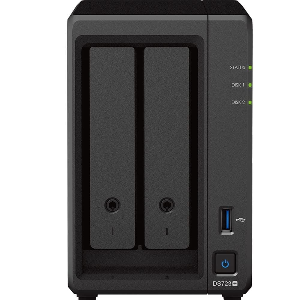 Synology DiskStation DS723+ NAS Server, CPU Ryzen 2.6GHz, Memoria 32GB, Almacenamiento 20TB HDD, SSD M.2 NVMe 1TB, 2 Puertos LAN 1GbE, Sistema Operativo DSM