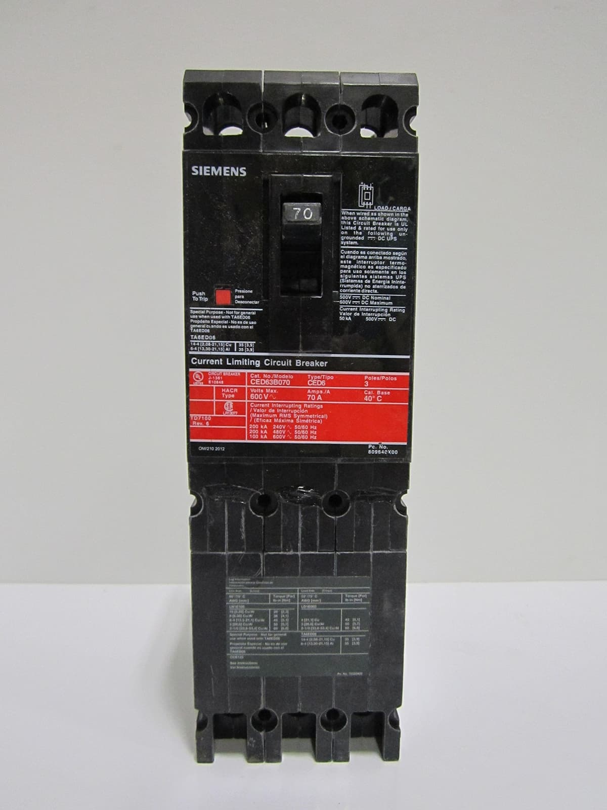 SIEMENS CED6 CED63B070 Interruptor termomagnético 3 polos 600V 70A, negro, breaker industrial