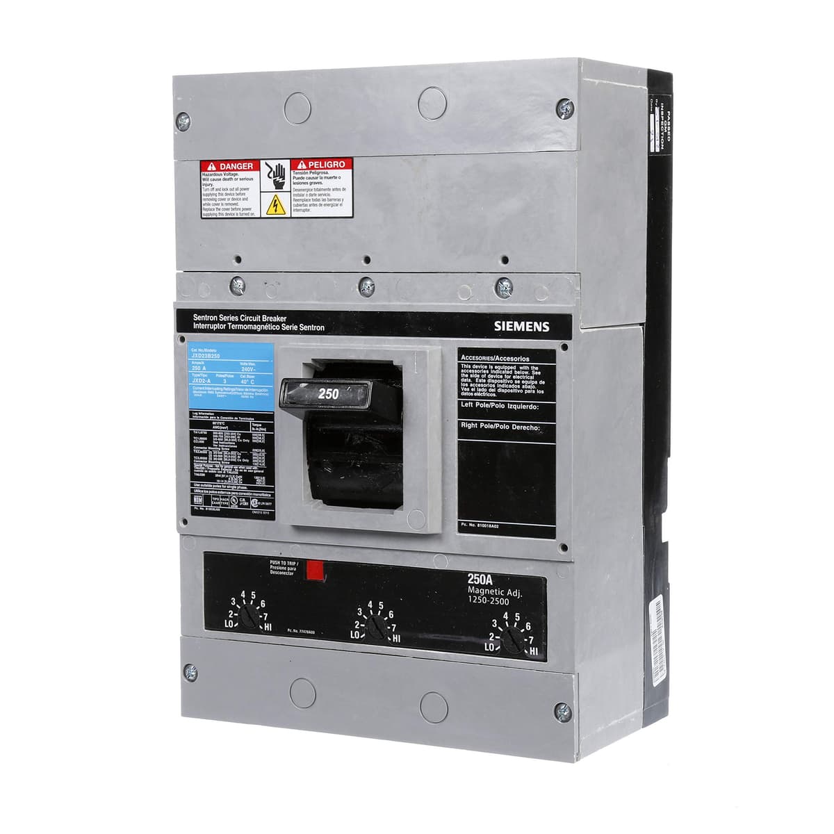 Siemens HI JXD23B250 Interruptor Automático 250A Tipo JXD-2A, Disyuntor Termomagnético 3 Polos, Breaker Industrial, Código de Parte JXD23B250