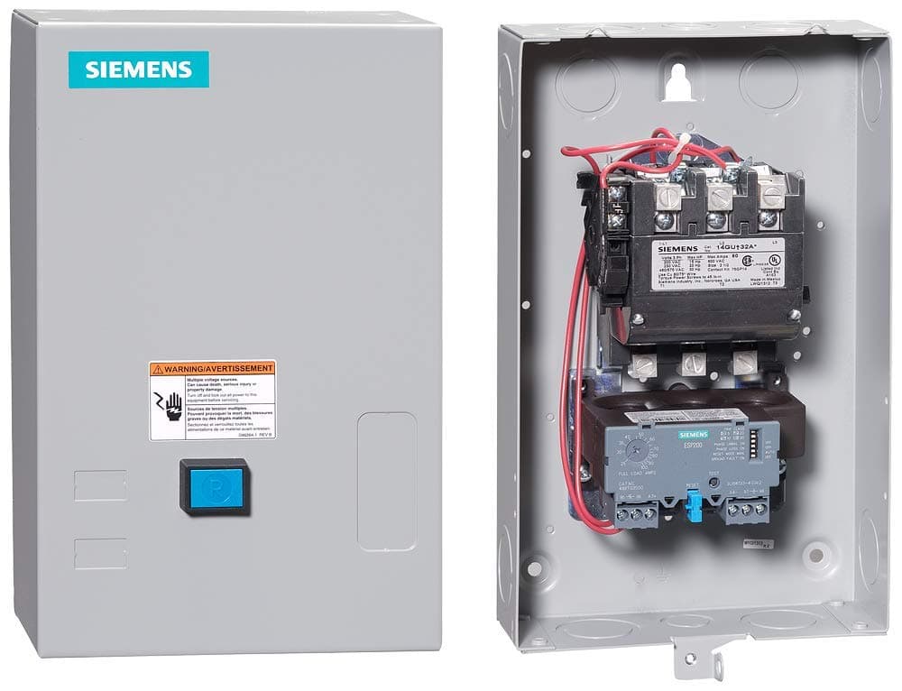 Siemens 14GUG32BF Arrancador de Motor de Servicio Pesado, no reversible, relé de sobrecarga de estado sólido, rearme automático/manual, gabinete NEMA 1, 3 fases, 3 polos, tamaño 2 1/2, rango de sobrecarga 25-100A, bobina 120VAC US2:14GUG32BF