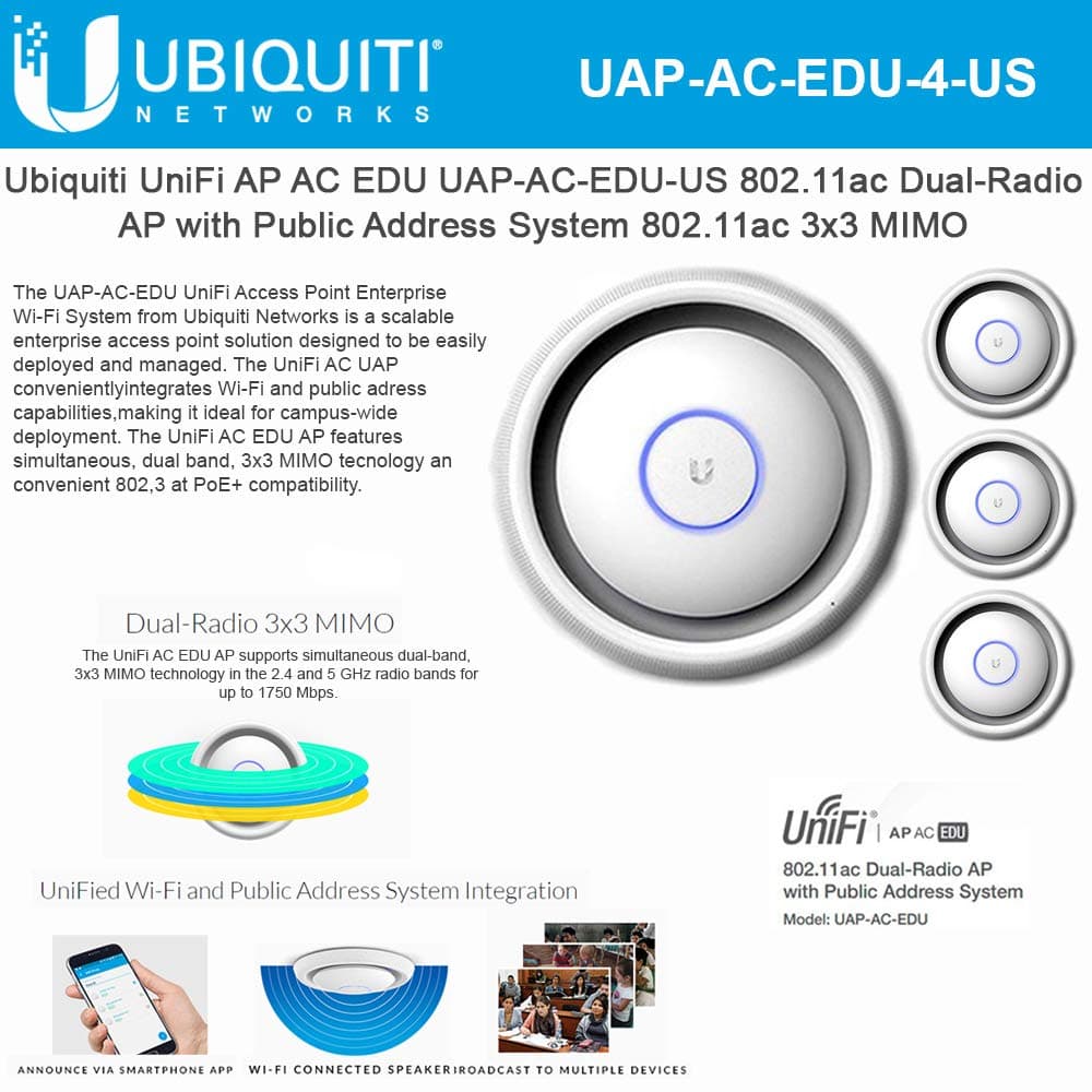 Ubiquiti Networks UniFi UAP-AC-EDU-4-US Punto de Acceso 802.11ac Doble Radio 3x3 MIMO con Sistema de Anuncio Público (PA)