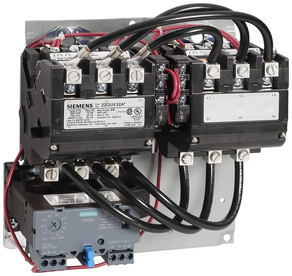 Siemens US2:22HUG32AA Arrancador de Motor de Servicio Pesado Reversible, Relé de Sobrecarga de Estado Sólido, Rearme Automático/Manual, Abierto, 3 Fases, 3 Polos, Tamaño 3, Rango de Sobrecarga 25-100A, Bobina 120-240VAC