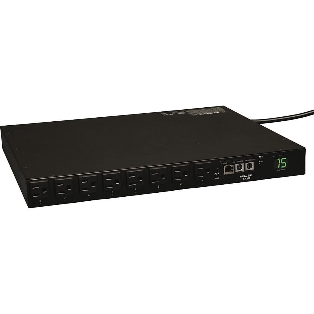 PDU conmutada Tripp Lite 1.4 kW monofásica con interfaz de plataforma LX, salidas 120 V (16 x 5-15R), enchufe 5-15P, entrada 100-127 V, cable de 12 ft, montaje en rack 1U, TAA (PDUMH15NET), negro