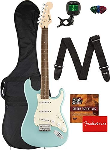 Fender Squier Bullet Stratocaster Hard Tail - Paquete en Turquesa Tropical con Funda, Afinador, Correa, Púas, Lecciones en Línea Fender Play y DVD Instructivo de Austin Bazaar AUS-0371001597-COMBO-STD