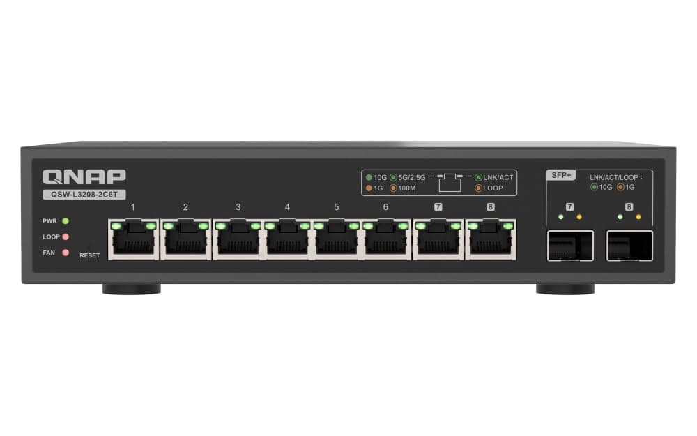 Switch de Red QNAP de 8 Puertos Multi-Gig 10GbE Lite-Managed (QSW-L3208-2C6T-US) - 6× RJ-45 10/5/2.5/1G, 2× Combo SFP+/RJ-45