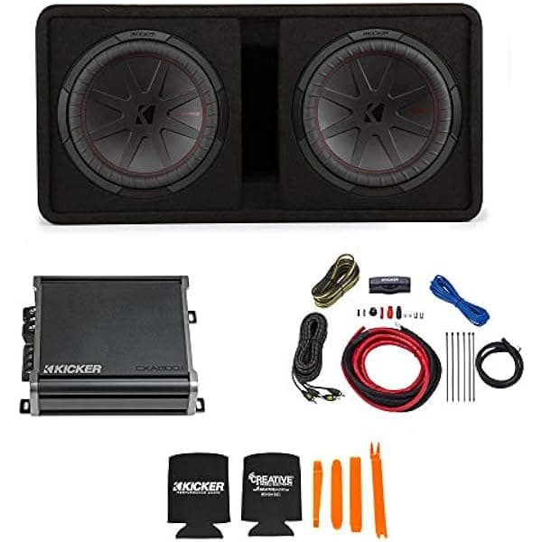 KICKER Comp R - Subwoofer dual de 12 pulgadas en paquete de carcasa ventilada con amplificador 46CXA8001 y kit de cables