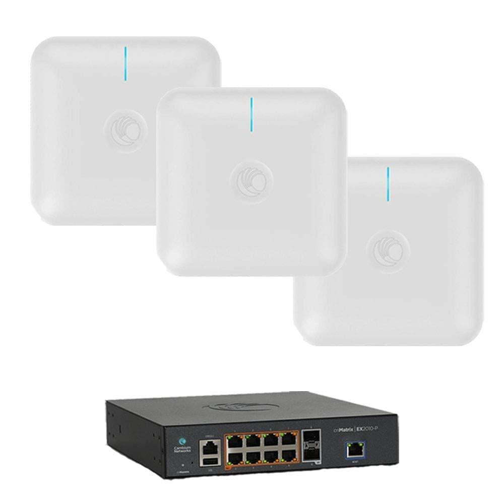 Cambium cnPilot Indoor E410 802.11ac Wave 2 Dual Band 3-Pack con cnMatrix EX2010-P Switch PoE+