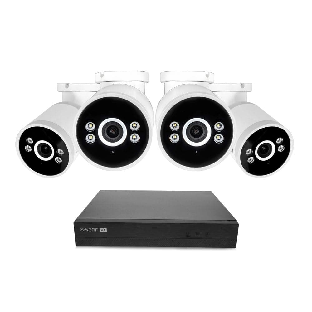 Sistema de cámaras de seguridad con NVR por cable Swann AdvancedX 4K, 8 canales, 4 cámaras PoE para exterior, disco duro 1 TB, visión nocturna a color, análisis/alertas inteligentes por IA, detección de movimiento, grabación 24/7 SWNVK-8ADVANX4B-US