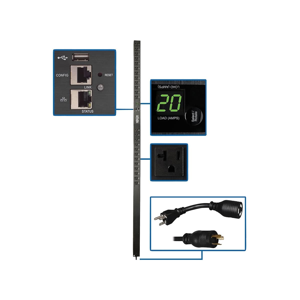 Tripp Lite PDU Monitoreado 1.9 kW 120 V 24 tomas 5-15/20R 20 A Interfaz de plataforma LX 70 in. Vertical Rack-montable 0URM TAA (PDUMNV20LX)