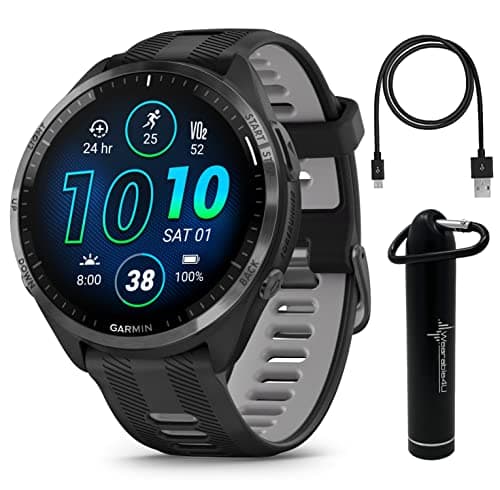 Wearable4U - Garmin Forerunner 965 Premium GPS para correr y triatlón 47 mm Smartwatch con pantalla táctil AMOLED, bisel de titanio DLC gris carbón y correa de silicona negra con paquete E-Bank wa001