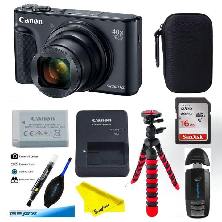 Cámara digital Canon PowerShot SX740 con zoom óptico 40x y pantalla LCD inclinable de 3 pulgadas (Cámara con paquete de accesorios avanzados BuzzPhoto, negra) 2956C001