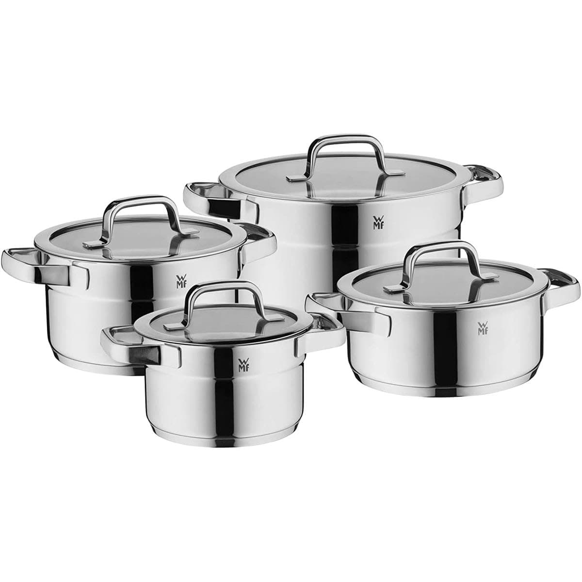 WMF 790046380 Compact Cuisine Juego de 4 Ollas para Inducción con Tapa de Vidrio, Acero Inoxidable Cromargan Pulido, Juego de Ollas Sin Recubrimiento, Escala Interior